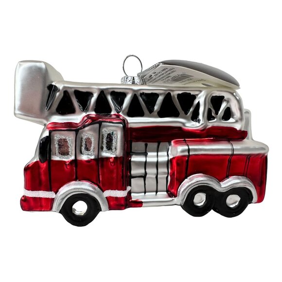 Fire Truck Glass Ornament Christmas Ladder Tender LT Red and Silver NEW w/ TAGS - Picture 1 of 7
